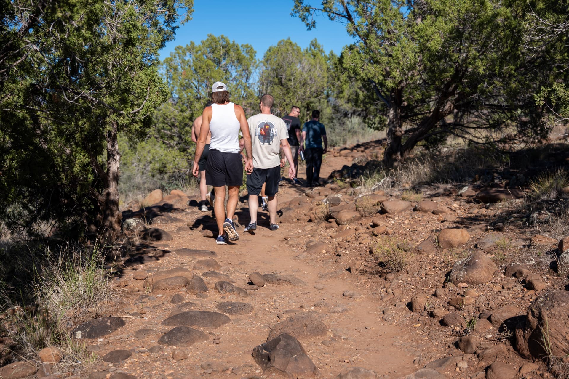 Men walking together along a rocky trail through the trees